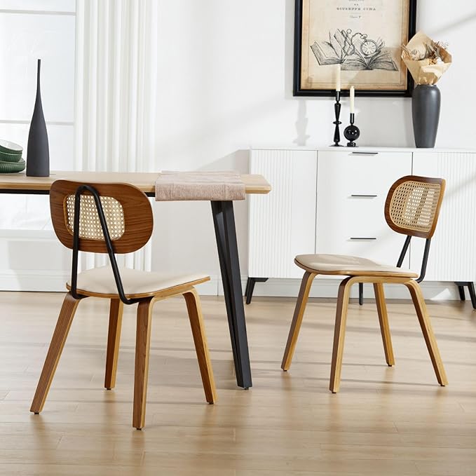 HEAH-YO Modern Dining Chairs Set of 6, Upholstered Faux Leather Dining Room Chairs with Rattan Backrest and Wood Legs, Armless Kitchen Chairs for Dining Room, Beige