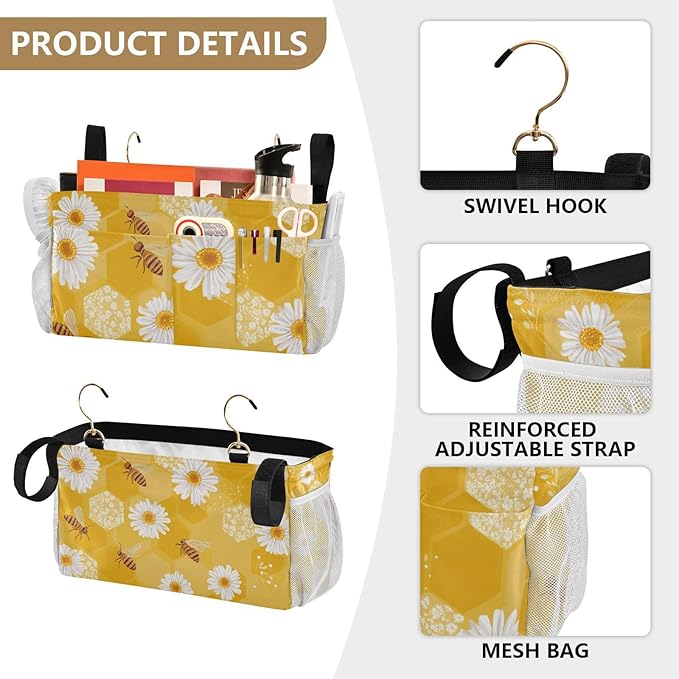 Bedside Caddy Hanging Bunk Bed Caddy Bed Organizer Hanging Pocket with 2 Hooks Bedside Storage Organizer Pocket Bag Holder Yellow Honeycomb Bee Daisy