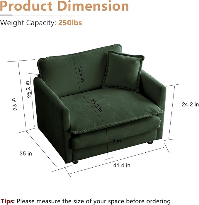 mikibama 41.4" W Single Seat Sofa, Chenille Comfy Deep Upholstered Couch Armchair with Toss Pillow for Living Room Bedroom Office Apartment, Evergreen