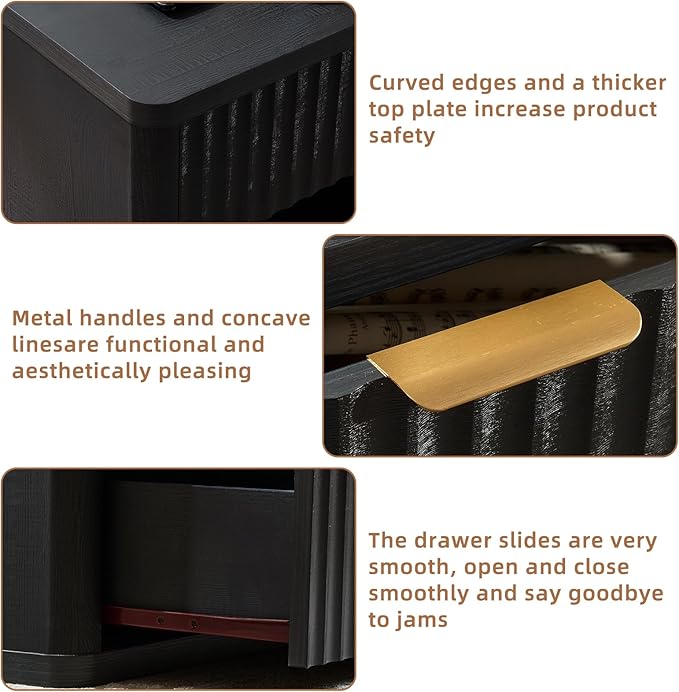 LEYAOYAO 31" Wide Fluted Nightstand Set of 2 with Charging Station, Oversized Extra Large 1 Drawer Night Stand with Golden Handle, Black Wood Bedside Table Tall End Tables,for Bedroom, Living Room