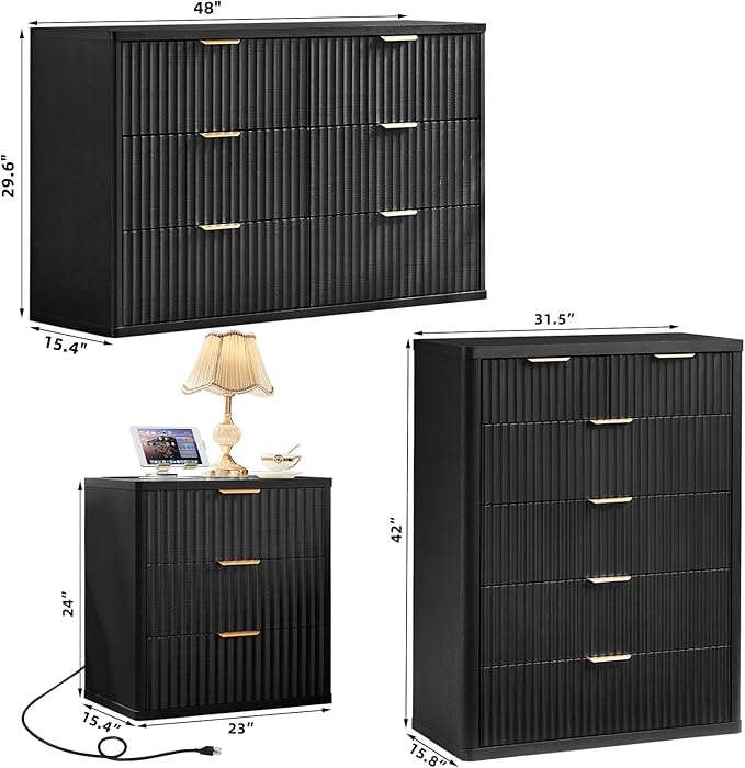 LEYAOYAO Fluted Dressers & Nightstand Set of 3, Wood 48" Wide Dresser & 42" Tall Chest of Drawers,Modern Bedroom Furniture Sets, Black Wooden Nightstand with 3 Drawers & Charging Station