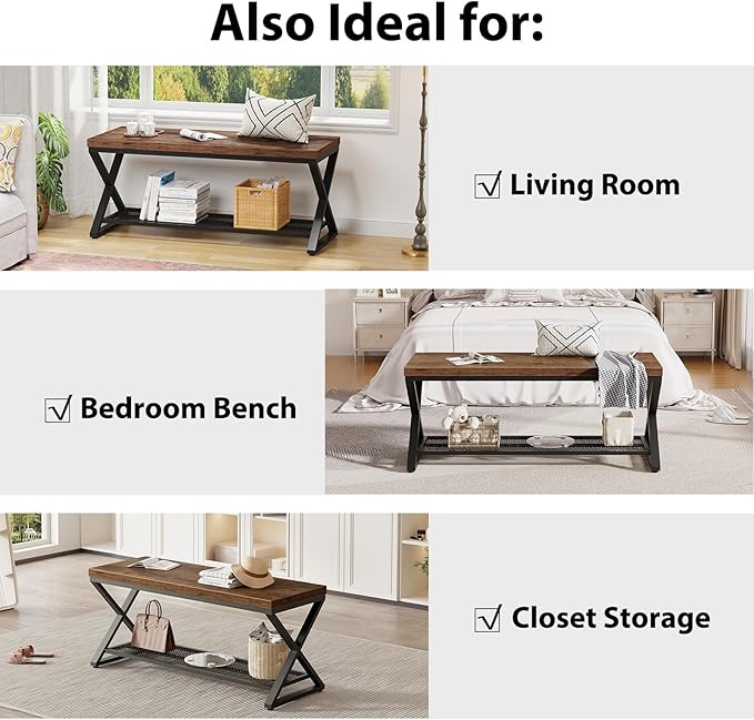 LVB Rustic Entryway Bench with Shoe Storage, Wooden and Metal Shoe Bench with Seating, Industrial Indoor Bench for Living Room Bedroom, Shoe Rack Bench for Foyer Hallway Entrance, Rustic Brown, 39 in