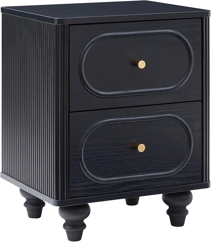 2 Drawer Fluted Mini Small Dresser for Bedroom Set of 2, Mid Century Modern Nightstand Bedside End Table, Wood Storage Dresser Organizer for Bedroom Living Room, Black