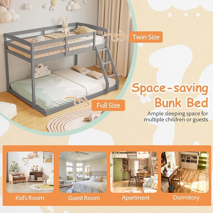 KOMFOTT Low Bunk Bed Twin Over Full, Solid Wood Twin Bed Frame with Built-in Ladder & Safety Guardrails, Space-Saving Low Bunk Bed for Kids, Teens, No Box Spring Needed