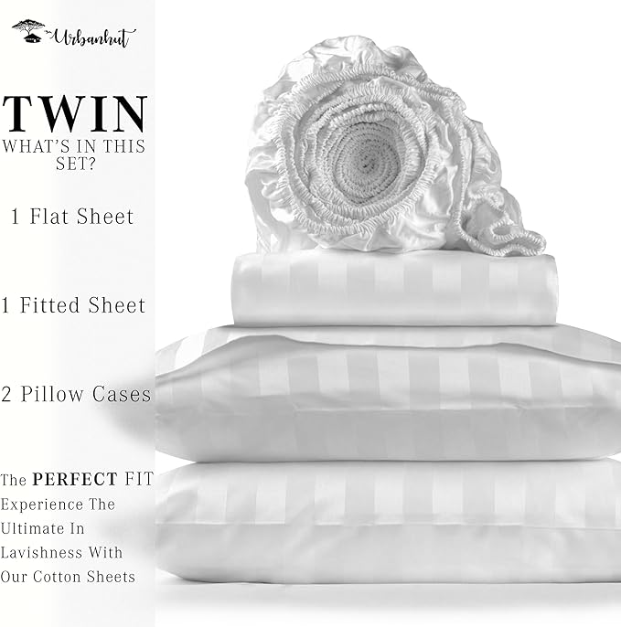 URBANHUT 800 Thread Count 100% Cotton Damask Twin Size Sheets, 4 Piece Striped Twin Size Bedsheets, Luxury Hotel Sheets Sateen Weave - Better Than Egyptian, 14" Elasticized Deep Pocket- White