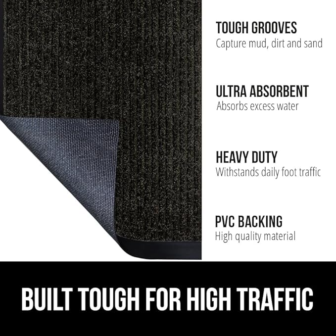 GORILLA GRIP Waterproof Traffic Guard Door Mat, 2 Pack Heavy Duty Entryway Mats, Strong Rubber Back Commercial Utility Rugs for Office Hallway, Garage Floor and Home, Low Profile Carpet, 29x17, Black