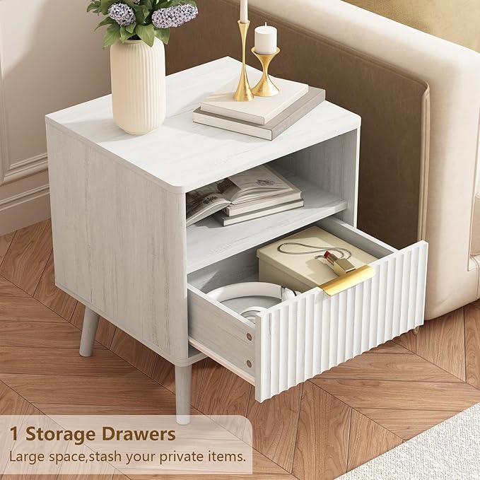 CARPETNAL Fluted Nightstand, White Bedside Table with Drawer and Storage Shelf, Wood End Table Mid Century Night Stands for Bedroom Living Room