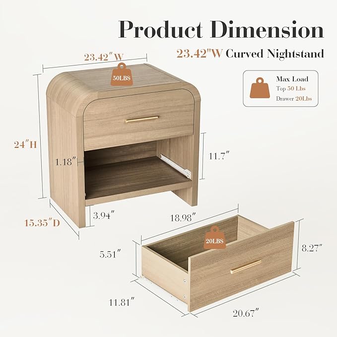 Night Stand [Unique Curved Profile] [FSC-Certified Wooden Board] 2-Drawer Nightstand 24" H Metal Handle Modern Sturdy Bedside Table Side Table End Table