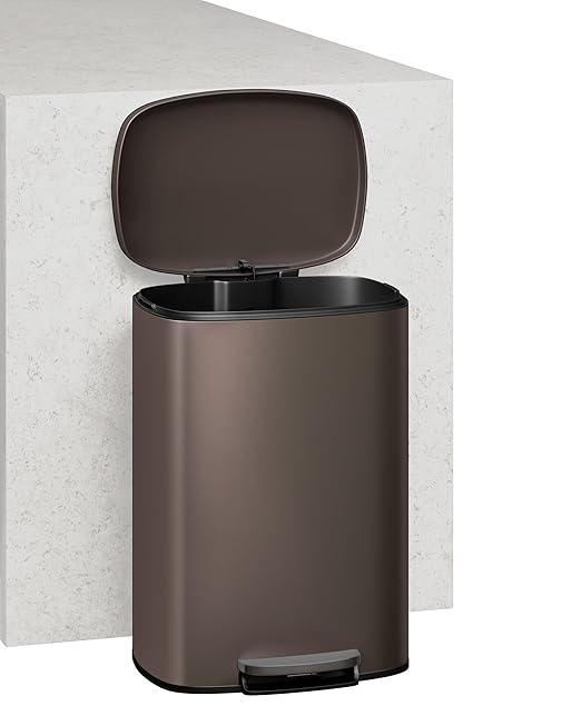 GarveeHome 13 Gal & 2.6 Gal Trash Can Combo Set, Kitchen Trash Can and Bathroom Trash Bin with Lid, Step-On Rustproof Garbage Bin with Inner Bucket, Brown