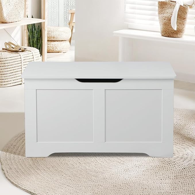 Timberer 31.5" Storage Chest, Wooden Storage Bench, Lift Top Toy Chest with 2 Safety Hinges, Large Toy Box, Entryway Shoes Bench for Living Room, Bedroom, White