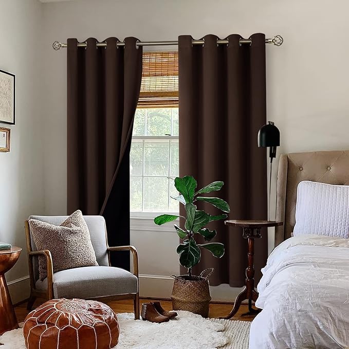 BGment Thermal Insulated 100% Blackout Curtains for Bedroom with Black Liner, Double Layer Full Room Darkening Noise Reducing Grommet Curtain (52 x 72 Inch, Brown, 2 Panels)