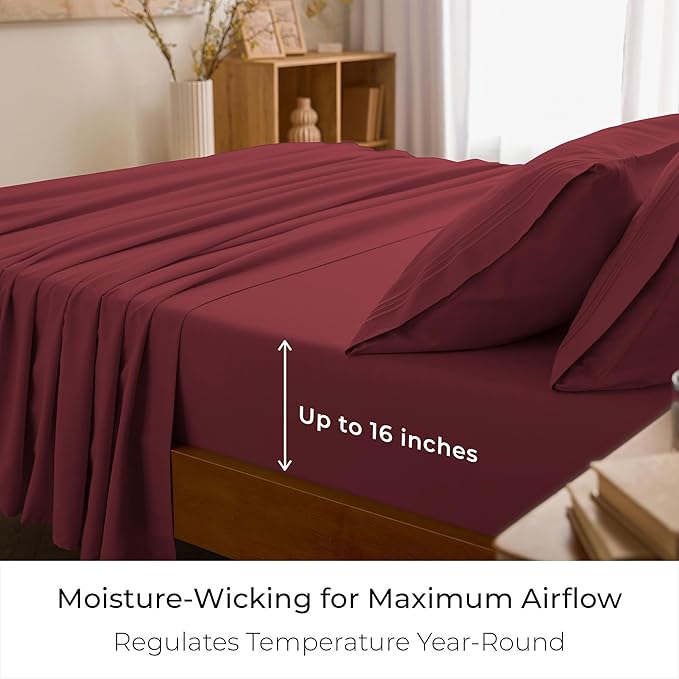 Mellanni King Sheet Set - 6-Piece Iconic Collection Bedding, (Including 4 Pillowcases), 16-Inch Deep Pocket, Easy Care, Extra Soft, Cooling Sheets, Brushed Microfiber - Brick Red