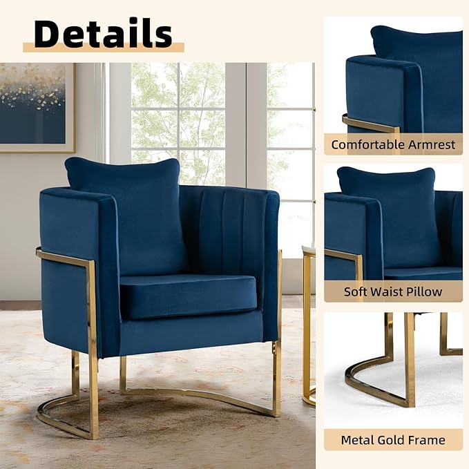Velvet Accent Chairs Set of 2, Mid Century Modern Upholstered Armchair with Pillow for Living Room, Comfy Barrel Single Vanity Chair with Metal Gold Legs for Bedroom, Blue
