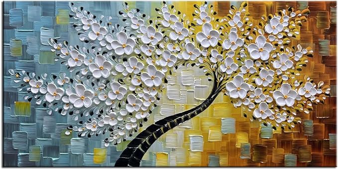 YaSheng Art-Handmade White Flower Contemporary Art Oil Painting On Canvas 3D Texture Abstract Tree Paintings Modern Home Bedroom, Dining Room, Wall Art Decor Ready to Hang20x40inch