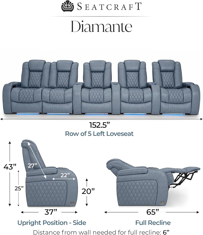 Seatcraft Diamante Zero-Gravity CoolZero Italian Leather Home Theater Seating, Power Headrest, Power Recline, Row of 5 Left Loveseat, Smokey Blue