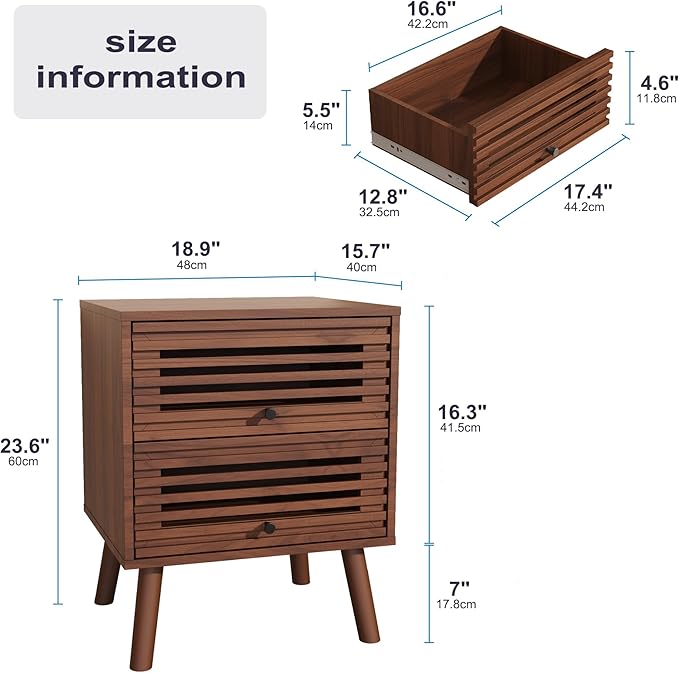 Nightstand, Side Table, End Table, Mid Century Modern Nightstand with Hollowed Drawers, Bedside Tables, Small Nightstands with Storage for Bedroom, Walnut