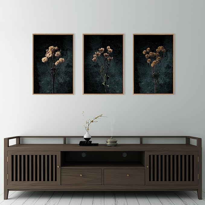 LHIUEM Dark Moody Wildflowers Framed Canvas Wall Art Set,Minimalist Wildflower Wall Decor,Vintage Black Flower Botanical Painting, Aesthetic Floral Artwork for Living Room,Bedroom,Office-16''x24''x3