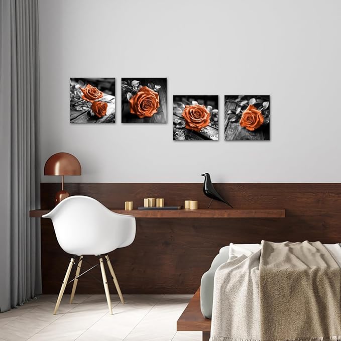 VANSEEING 4 Pieces Orange and Black Rose Flower Canvas Wall Art Floral Pictures Prints Modern Romantic Artwork Wall Decor for Valentine's Day Living Room Bedroom 12x12inchx4Pcs