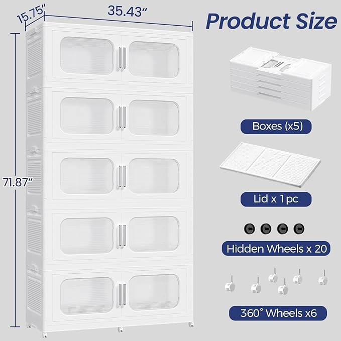 250GAL Extra Large Storage Bins with Lid, 1000QT Storage Bins with Wheels, Folding Closet Organizer, Stackable Collapsible Plastic Storage Containers for Home, Office, Kitchen, 5Pack White