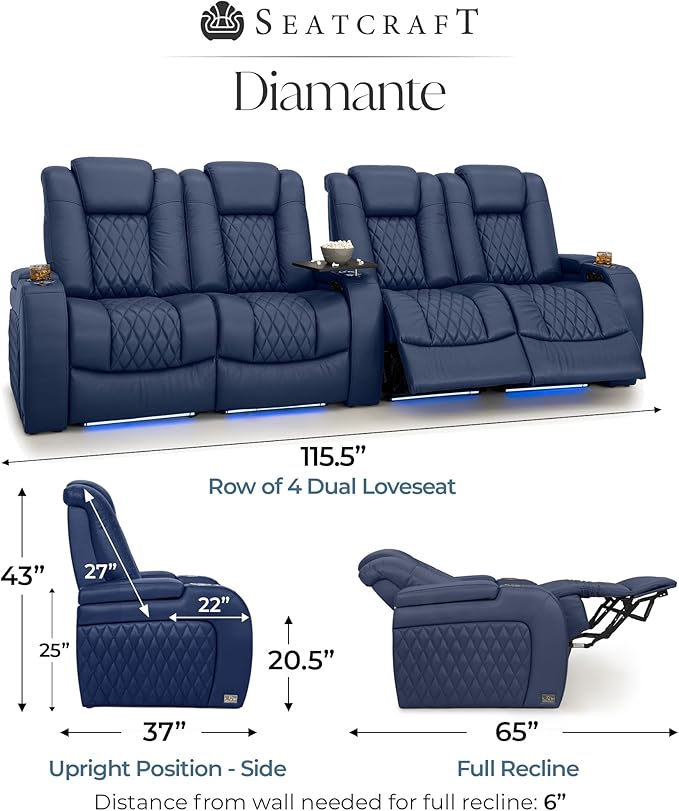 Seatcraft Diamante Zero-Gravity CoolZero Italian Leather Home Theater Seating, Power Headrest, Power Recline, Row of 4 Dual Loveseats, Navy Blue