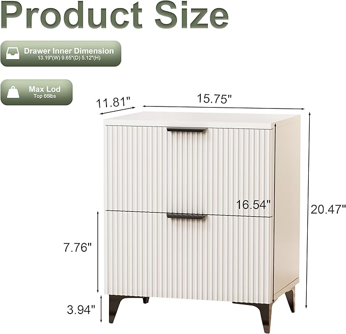 Royal Windsor Small Fluted Nightstand Set of 2 with 2 Drawers, Side End Table, Small Accent Storage Cabinet,Modern Night Stand Bedside Table for Bedroom Full Size Bed,White