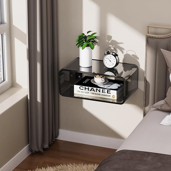 Acrylic Floating Nightstand, Bedside Table, Nightstand Shelf Wall Mounted Bedside Shelf (Black, Small)