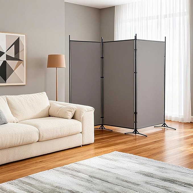 DUMOS 3 Panel Partition Room Divider, 6 Ft Tall Folding Privacy Screen, Freestanding Partition with Steel Frame, Easy Move & Storage, for Home, Office, Bedroom, Grey