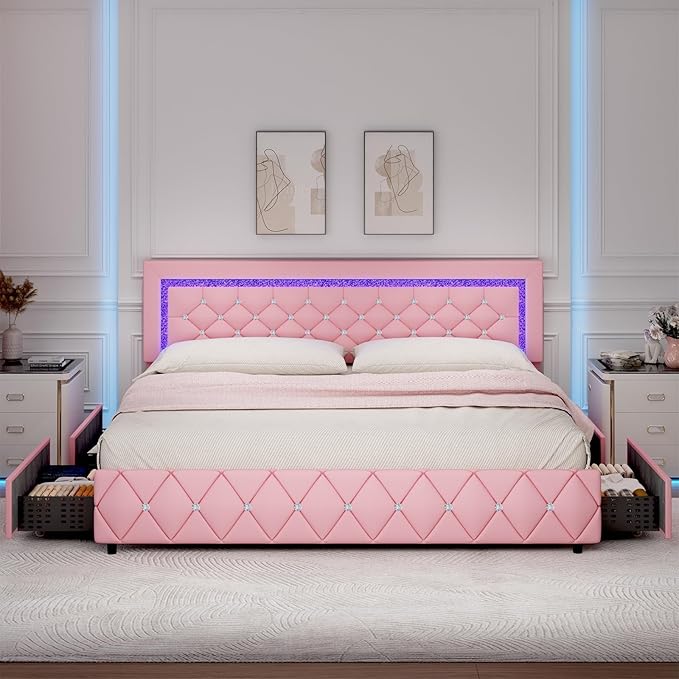 Pink King Size Bed Frame with LED Lights, Upholstered Platform Bed with Diamond Tufted Headboard, Princess Bed Frame with Storage Drawers, Wooden Slats Support, No Box Spring Needed, Easy Assembly