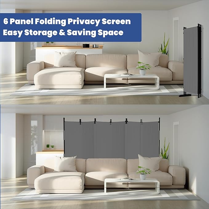 Room Divider, 6 Panel Upgraded Folding Privacy Screen, 132” Highly Secretive Separation with 4 Metal Feet, Partition Screen, Lightweight Freestanding Wall Divider Bedroom (Grey)