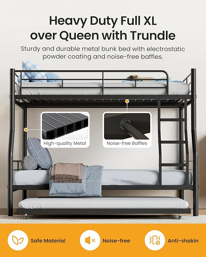 Full XL Over Queen Bunk Bed with Trundle, Heavy-Duty Metal Bunk Bed w/Full-Length Guardrail & EVA Padded Ladder, Convertible to 3 Separate Beds for Adults, Teens, Noise-Free, Black