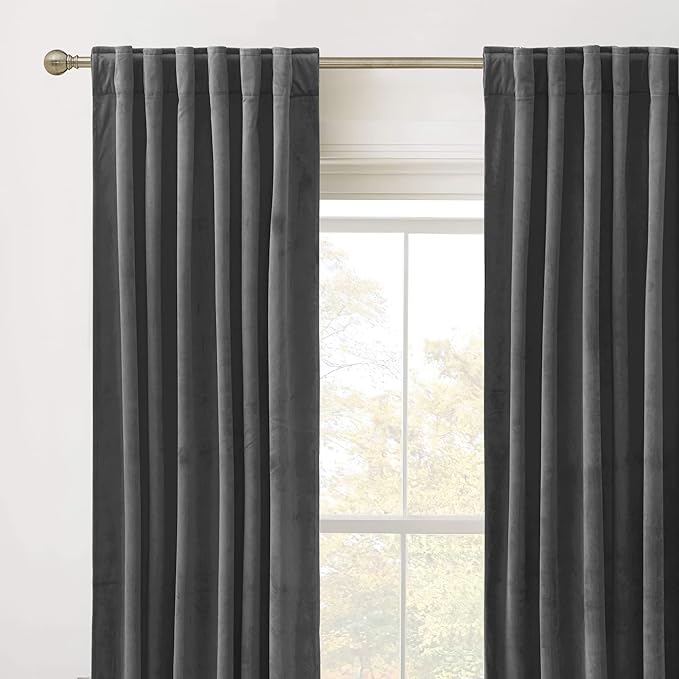 RYB HOME Grey Velvet Curtains 90 inches Long - Super Soft Blackout Curtains Thermal Insulated Drapes Back Tab Style for Bedroom Home Office, Wide 52 x Long 90, Grey, 2 Panels