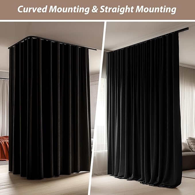Room Divider Curtains with Ceiling Curtain Track Set Window Curtain for Bedroom,Living Room Total Blackout Thermal Insulated Privacy Ceiling Track Curtain W 12 × H 8 FT Black drape&Black track