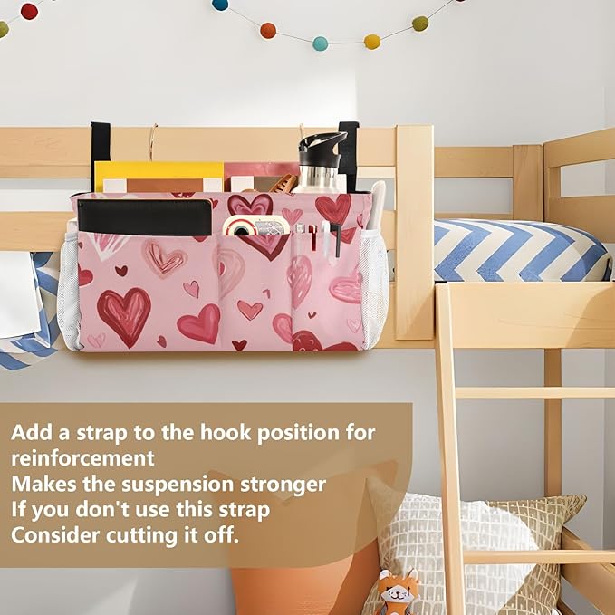 Bedside Caddy Hanging Bunk Bed Caddy Bed Organizer Hanging Pocket with 2 Hooks Bedside Storage Organizer Pocket Bag Holder Pink Cute Hearts