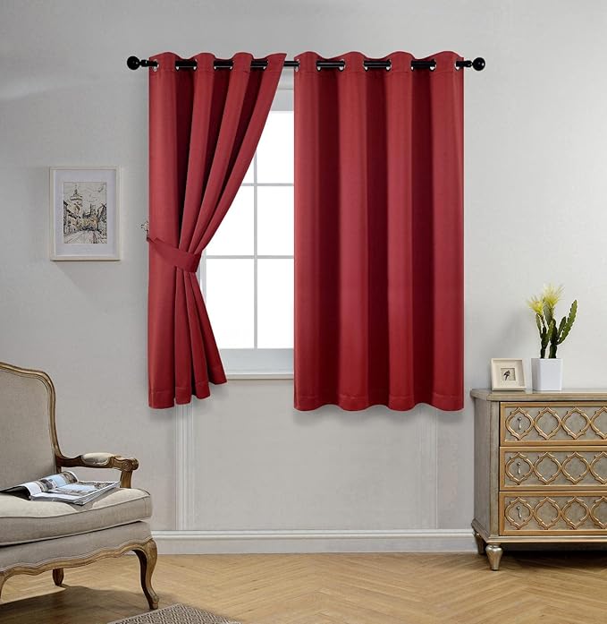 MIUCO Room Darkening Grommet Blackout Curtains for Livingroom Curtains Panels Set of 2 52x63 Inch Burgundy, Bonus 2 Tie Backs Included