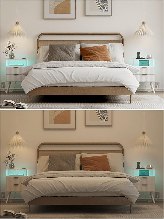 Nightstand with Charging Station and LED Lights, Modern Bedside Table with 2 Storage Drawer and Open Wood Shelf for Bedroom and Small Spaces, Night Stand with Solid Wood Legs
