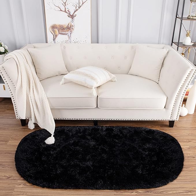 Noahas Fluffy Black Rugs for Bedroom Living Room,2'X5' Oval Throw Rug for Kids Room,Shag Hallway Runner Rug,Small Soft Shaggy Bedside Non-Slip Plush Nursery Dorm Carpet Home Decor Aesthetic