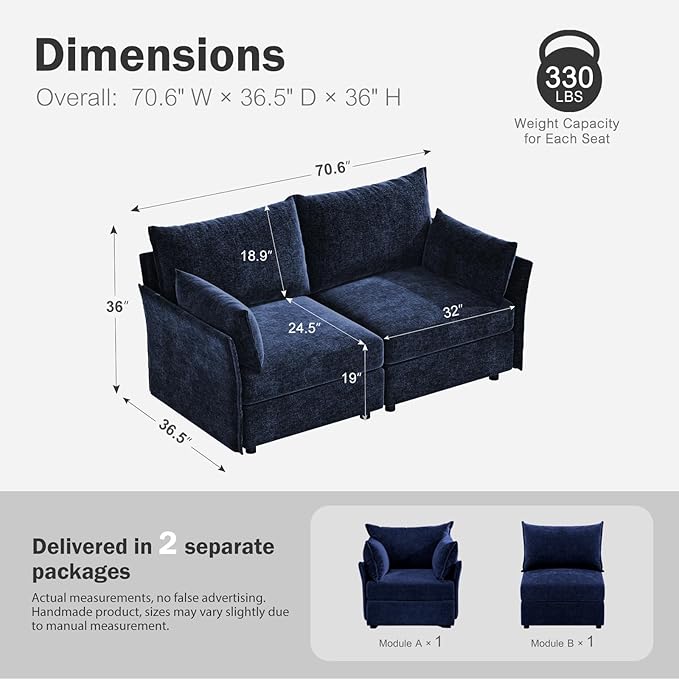 ABCASA Oversized Loveseat Sofa, Modern Modular Sectional Couch Blue Fluffy Chenille Mid Century 2-Seat 24.5" Deep Seat for Apartment, Living Room, Bedroom