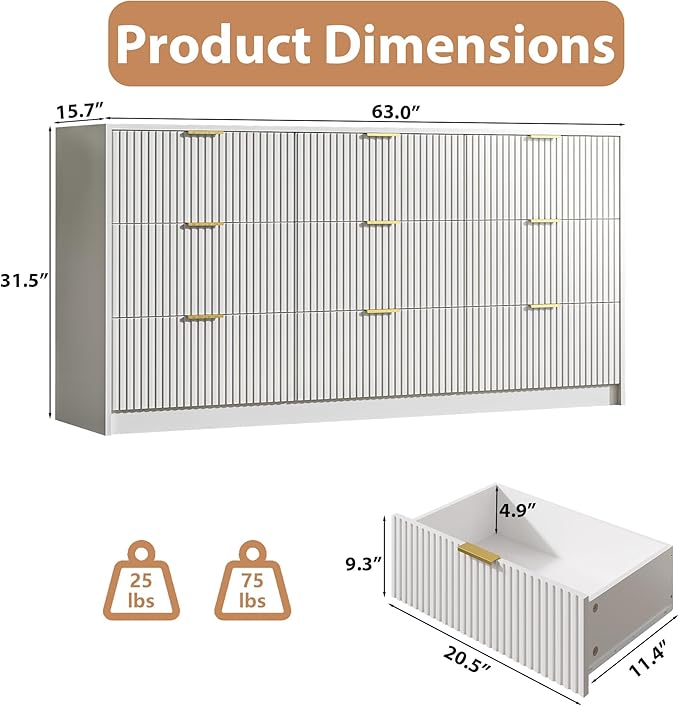 3-Piece Dresser Bedroom Set, 9 Drawer Dresser & 2 Drawer Nightstands with Gold Handles, Fluted Wood Chest of Drawers for Bedroom, Living Room, Entryway, White
