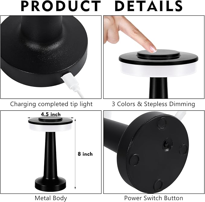 VIHOSE Cordless Table Lamps LED Portable Rechargeable Table Lamp with Touch Sensor 3 Color Dimming up to 15 Hours Battery Desk Light for Restaurant Nursery Living Room(Black,12 Pcs)