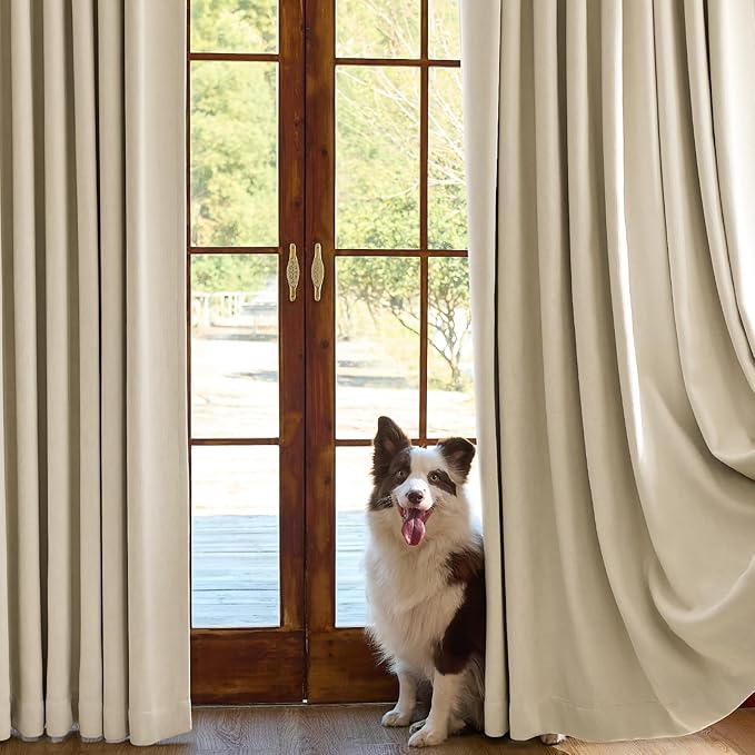 jinchan Chenille Blackout Curtains 96 Inches Long Beige Thermal Insulated Curtains for Living Room Bedroom 2 Panels Triple-Weave Noise Reducing Drapes Back Tab Full Privacy Window Curtains 50x96 Inch