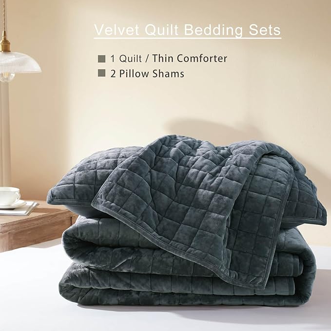 LEAONME Velvet Quilt King Size-98''x106'', Lightweight Navy Blue Velvet Comforter Set with 2 Pillow Shams, Soft Bedspread Coverlet Quilted Bedding Set for All Season