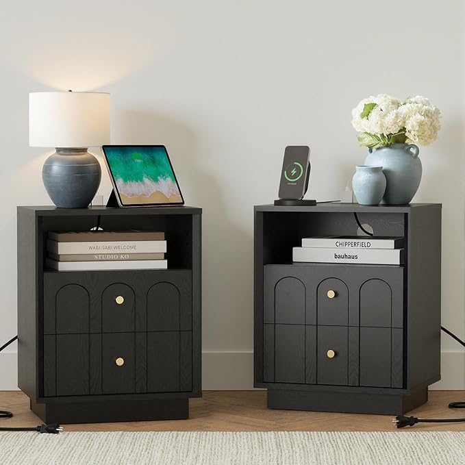 Nightstand Set of 2 with Charging Station, Mid Century Modern Nightstand with Arched Design, Minimalist End Table Wood Grain Bedside Tables for Bedroom or Living Room, Black