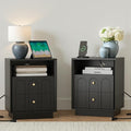 Nightstand Set of 2 with Charging Station, Mid Century Modern Nightstand with Arched Design, Minimalist End Table Wood Grain Bedside Tables for Bedroom or Living Room, Black
