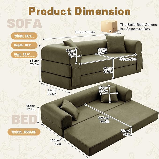 Convertible Sleeper Sofa Bed,78.5 Inch Faux Leather Futon Couch with Pillows & Storage Pocket,5-in-1 Folding Sofa Bed Queen with Pull Out Beds,Boneless Couches for Living Room,Couch in a Box,Green