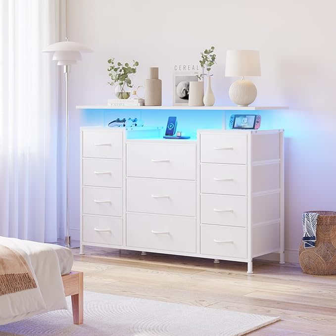 LUMTOK 11 Drawers Dresser with Fabric Drawers,Charging Station, LED Lights and Shelves for Bedroom Storage Organization