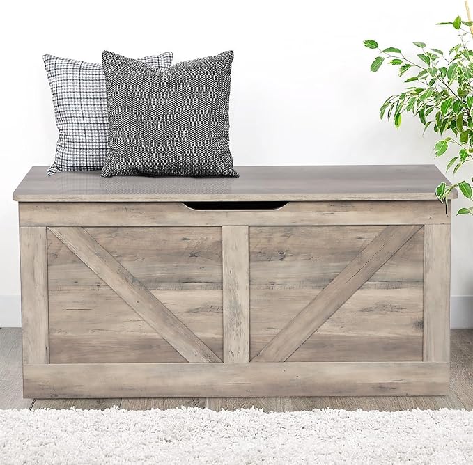 Timberer 39.4" Storage Chest, Wooden Storage Bench, Large Storage Trunk with 2 Safety Hinges, Entryway Shoes Bench for Living Room, Bedroom, Grey