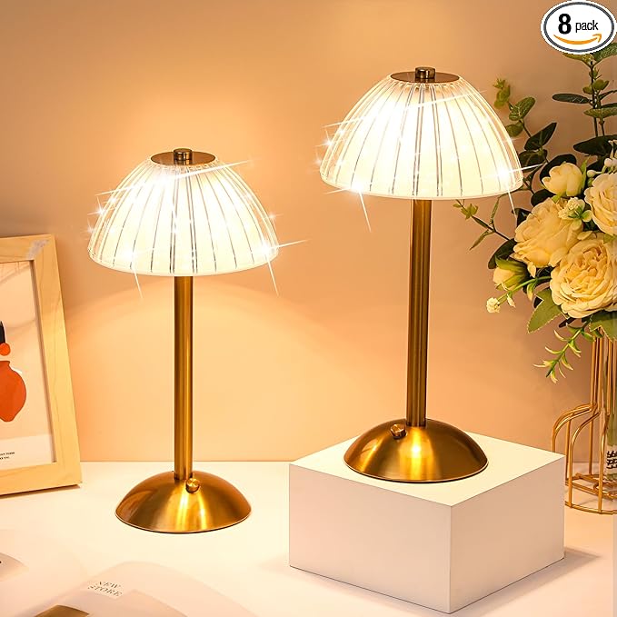 Liliful 8 Pcs Cordless Table Lamp Rechargeable Touch LED Small Gold Portable Battery Operated USB-c Desk Lamp 3 Color Dimmable for Bedroom Living Room Dining (Gold,Mushroom Style)