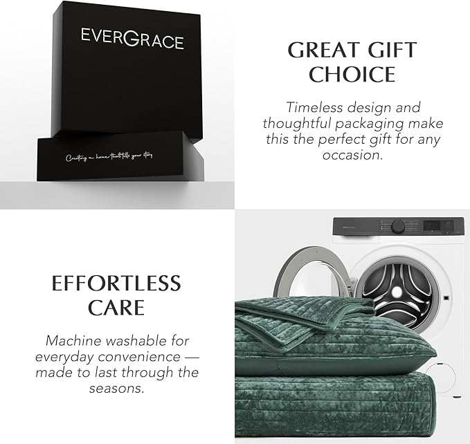 EVERGRACE Velvet Quilt Set King Size, Luxurious Soft Striped Channel Bedding Set, Lightweight Velvet Comforter for All Season, Oversized Bedspread Coverlet with 2 Matching Shams, Pine Green