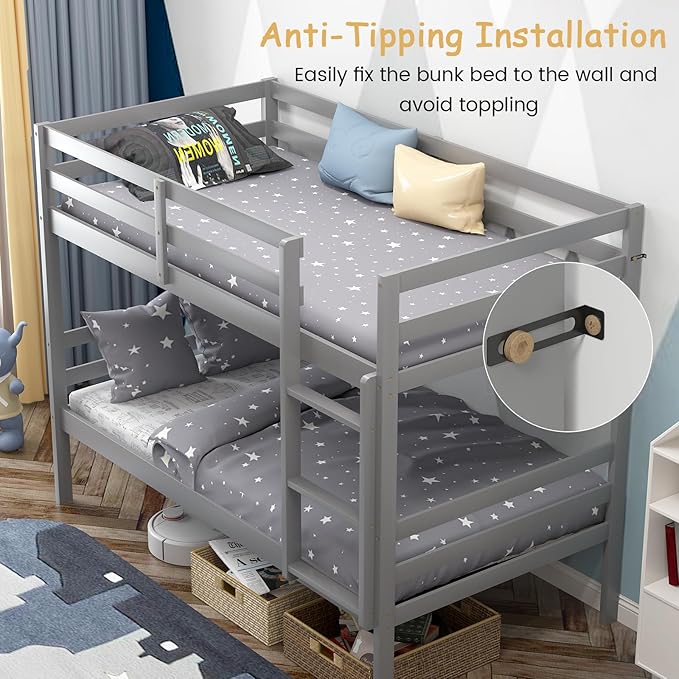 Giantex Bunk Bed Twin Over Twin, Solid Wood Bunk Bed with Sturdy Ladder & 12 Inch Safety Guard Rails, Twin Size Wood Bed Frame for Dormitory, No Box Spring Needed, Bunk Beds for Kids Teens,Grey