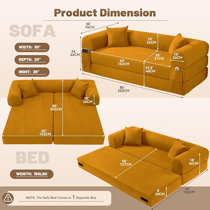 80" Convertible Sofa Bed,Corduroy Folding Sleeper Sofa Bed Queen with Pillows & Storage,Modular Pull Out Couches Boneless Couch for Living Room,Compressed Couch in a Box,Yellow